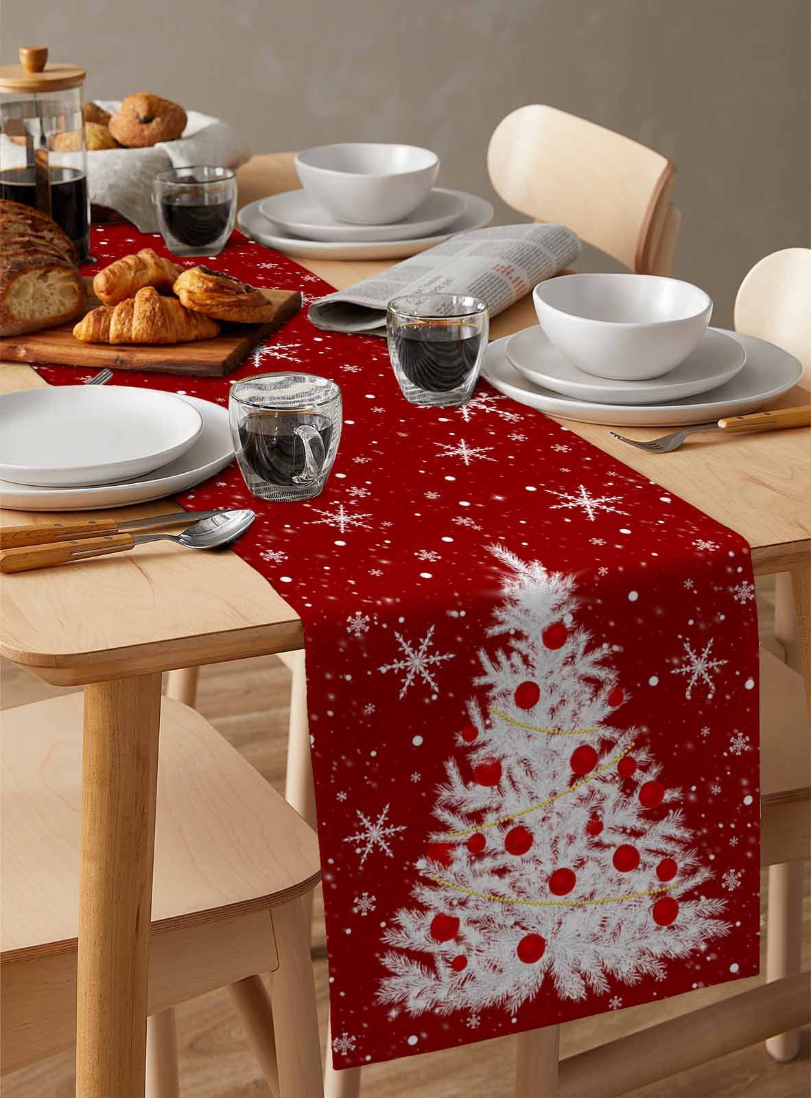 Ldtrchee Red Christmas Tree Table Runner 60 Inches, Winter Balls Snowflake Xmas Tree Bed Runner Dresser Scarves Tabletop for Indoor Outdoor Parties/Ceremony/Banquet, 13" x 60"