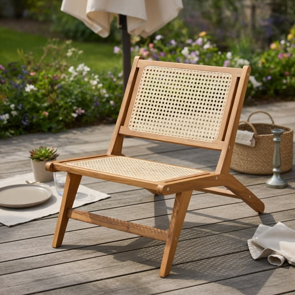 Topcobe Teak Wooden Chair with Handwoven Rattan Seat and Backrest, Outdoor Patio Furniture for Garden Backyard Pool Deck