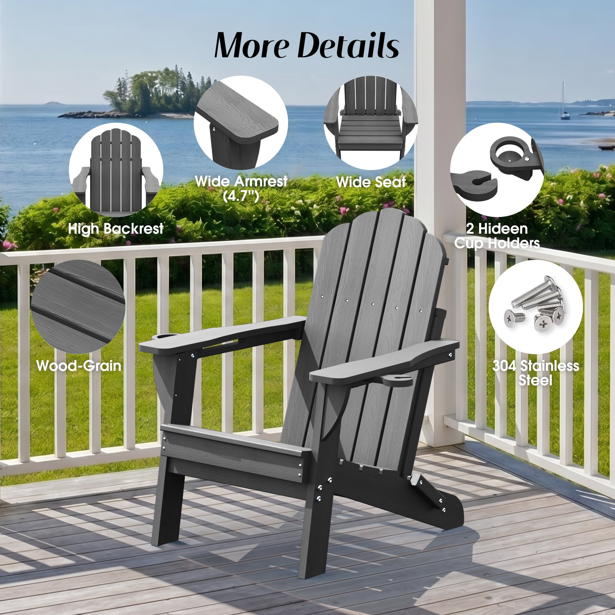 Folding Adirondack Chairs Set of 2, HDPE Plastic Fire Pit Chairs, Gray