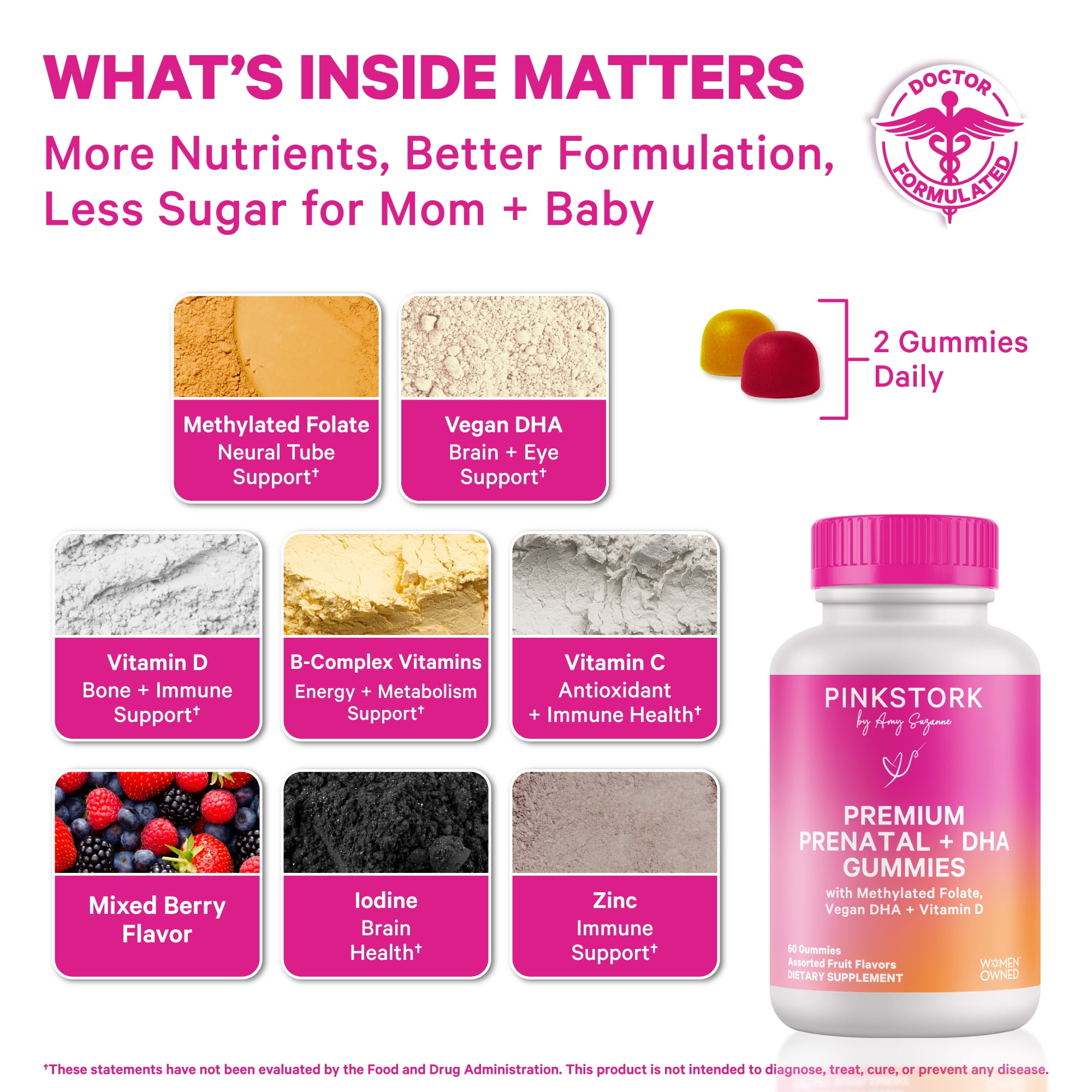 Pink Stork Prenatal Gummy Vitamins with DHA, Folate, and Vitamin D - 60 Vegan Gummies