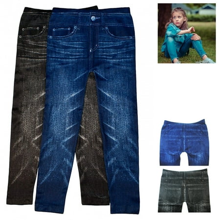 2 Pairs Girls Print Leggings Fashion Stretchy Pants Jeggings Blue Black S/M