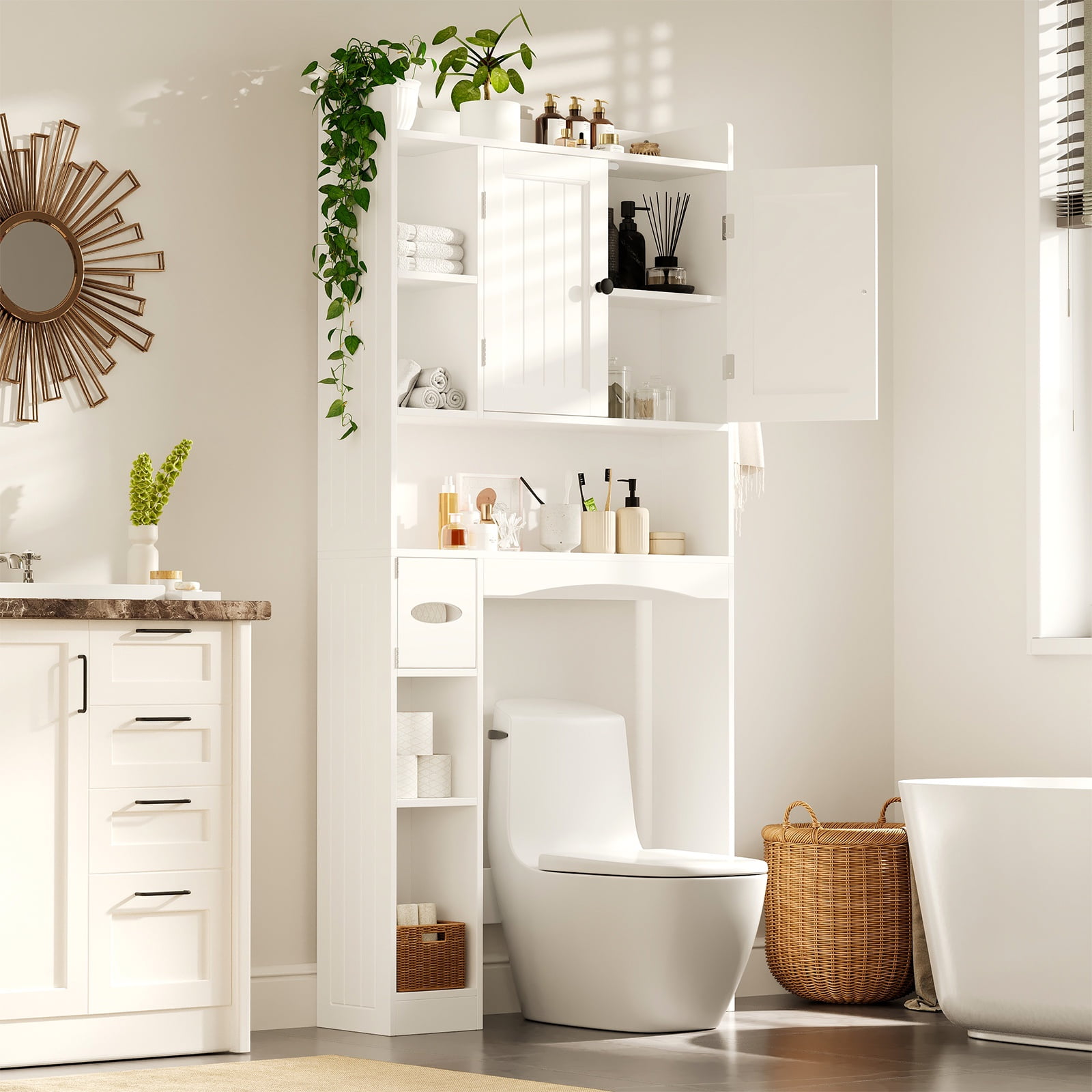 Over the Toilet Storage Cabinet, Asofer Bathroom Space Saver Organizer above Toilet with 7 Shelf & 2 Door for Laundry, White