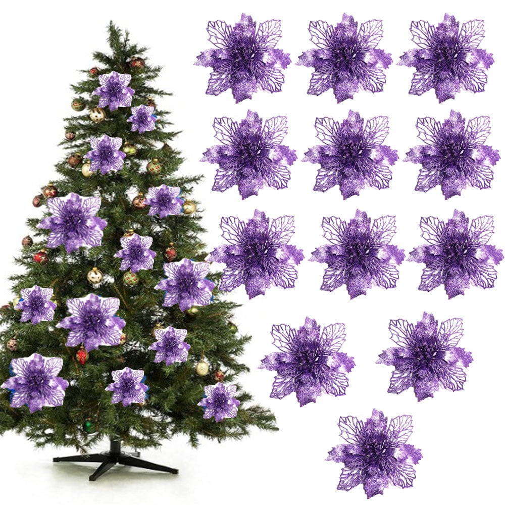 12 Pcs 4in Poinsettia Artificial Flowers Glitter Christmas Tree Decorations for Xmas Wedding ...
