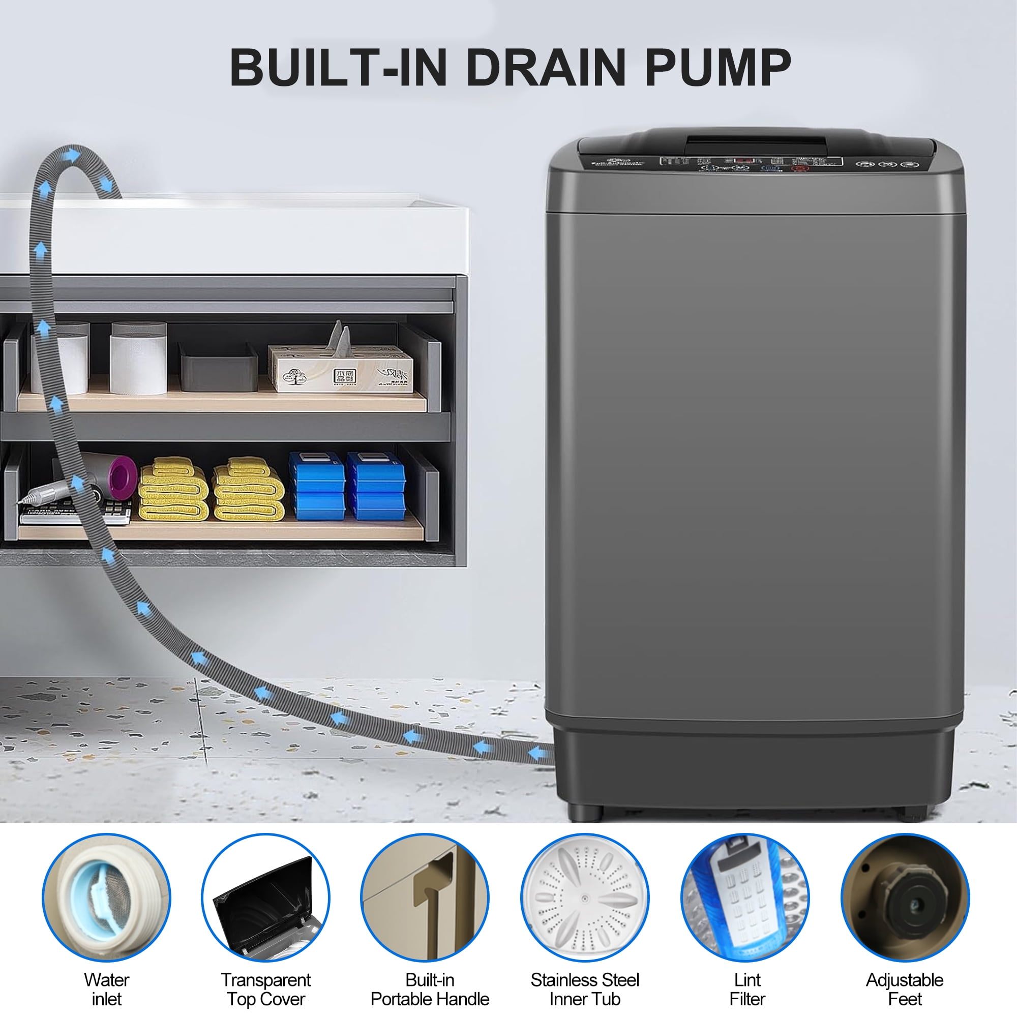 GGTB 25lbs Portable Washing Machine - Fully Automatic Top Load Washer with Stainless Steel Tub for Apartments Dorms
