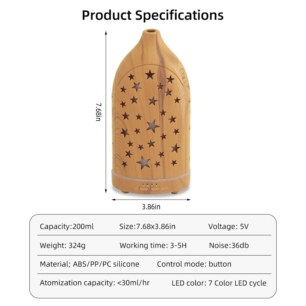 200ml Essential Oil Diffuser for Home 7 LED Color Changing, Ultra Quiet, BPA-Free Aromatherapy Diffuser for Office, Yoga & Sleep