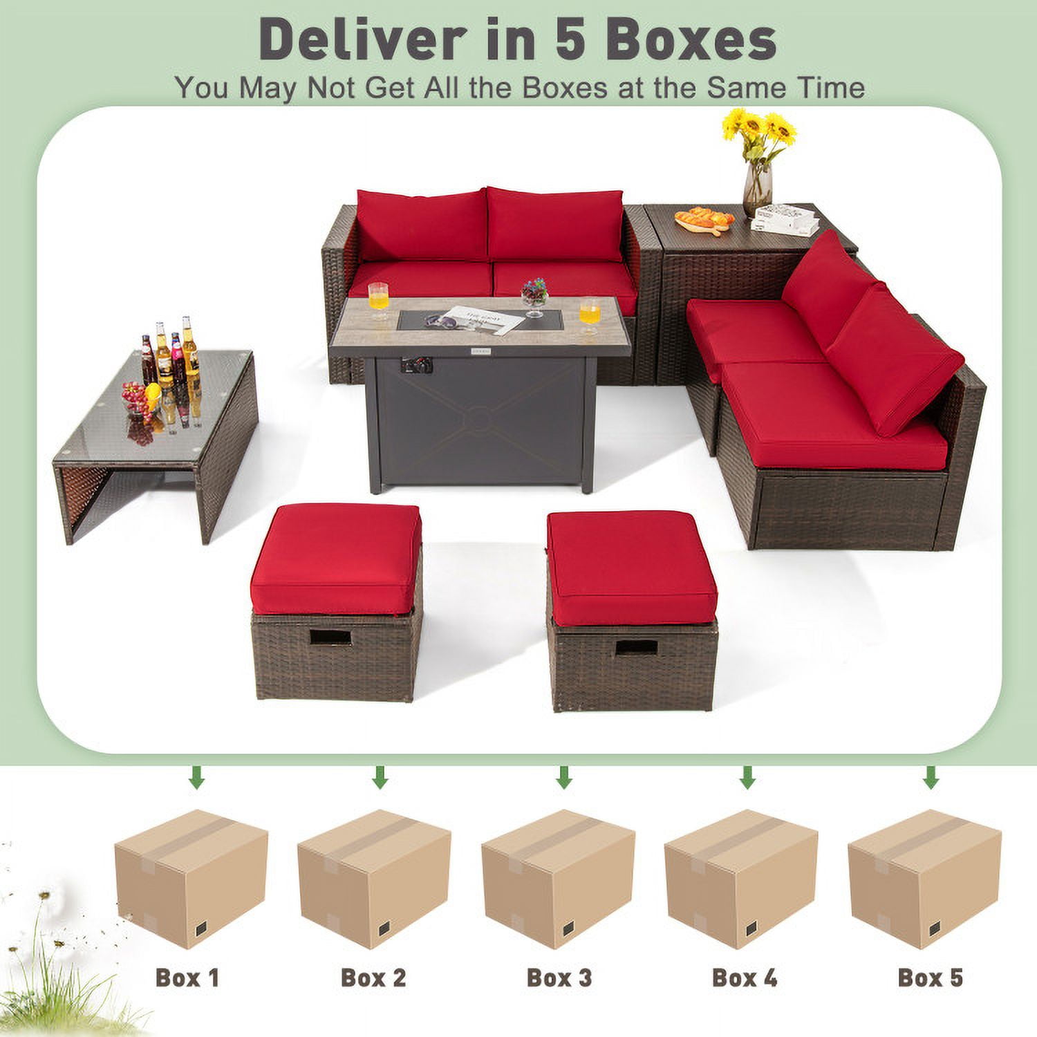 Aimee Lii 9 Pieces Outdoor Patio Furniture Set with 42 Inch Propane Fire Pit Table, Outdoor Patio Set, Red Aimee Lii 9 Pieces Outdoor Patio Furniture Set with 42 Inch Propane Fire Pit Table, Outdoor Patio Set, Red