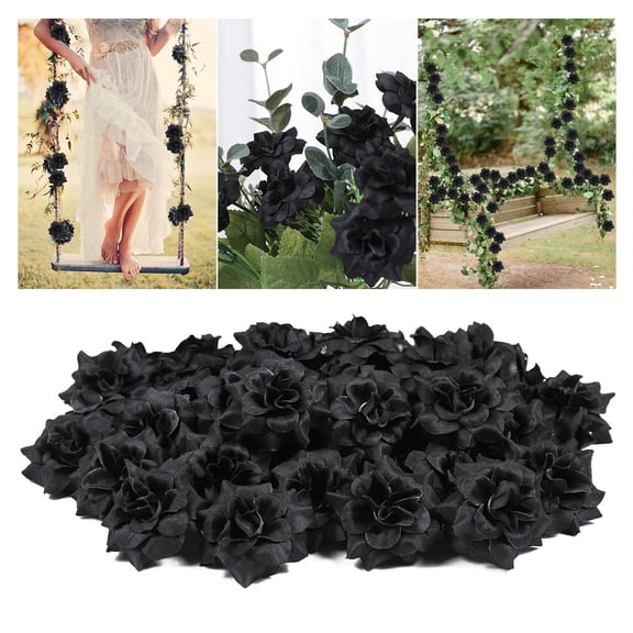 Topbathy 50Pcs Artificial Black Silk Rose Flower Heads for Wedding Decorative Bouquets and Hair Accessories