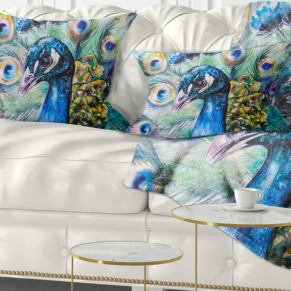 Designart Beautiful Peacock Watercolor - Abstract Throw Pillow - 12x20