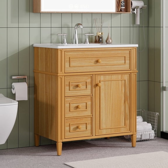 30'' Bathroom Vanity with Sink, Solid Wood & MDF Cabinet, Flip-Out Drawer, 2 Soft-Close Drawers, 1 Soft-Close Door, Elegant Wood Handles"