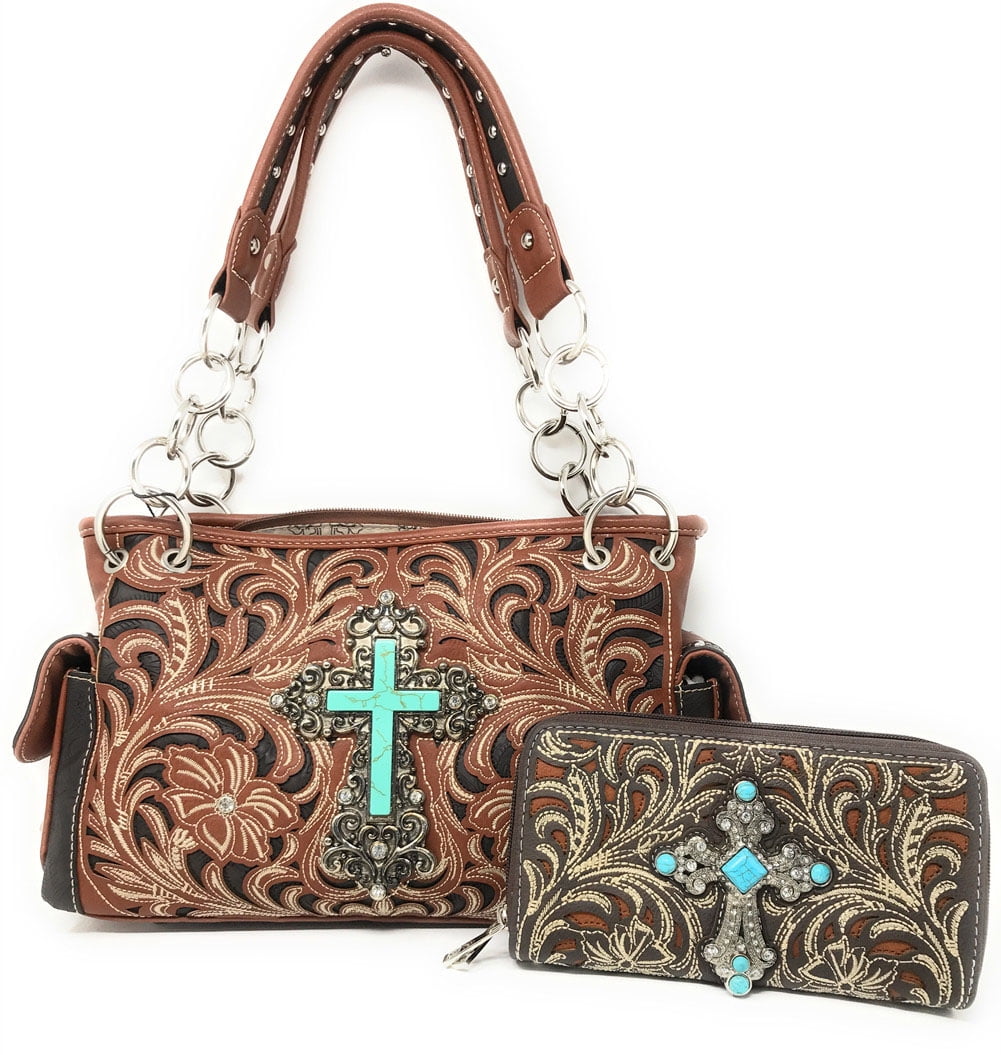 Montana West Rhinestone Cross Flower Embroidery Handbag Purse with