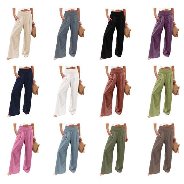 facefd Women's Summer Spring Wide Leg Pants with Pockets, Solid, Pink, L