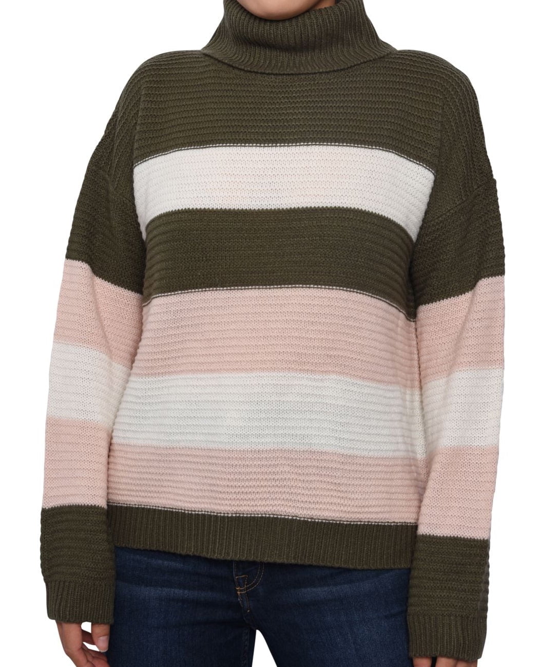Derek Heart Juniors' Striped Cowl-Neck Sweater - Olive Stripe