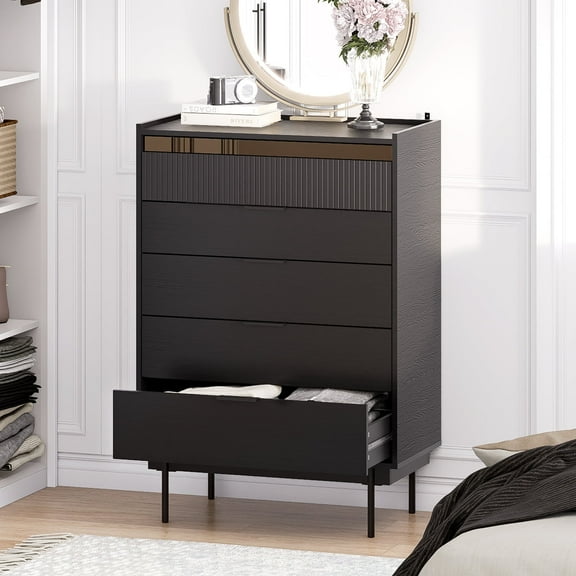 MEISALIVVE Black 5-Drawer Dresser with Adjustable Dividers, Spacious Bedroom Storage Chest for Essentials & More, Modern Tall Chest of Drawers for Bedroom Living Room