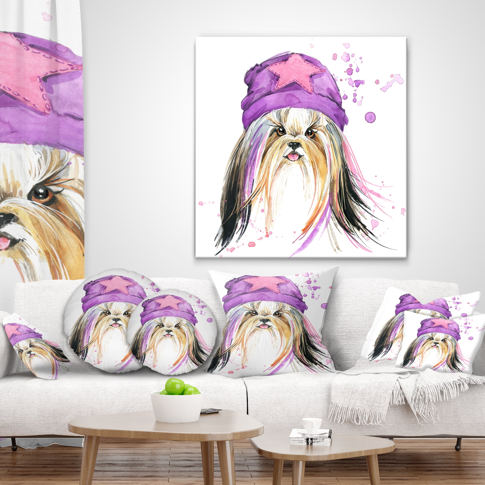 Designart Stylish Puppy with Purple Hat - Animal Throw Pillow - 12x20