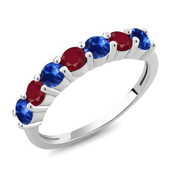 Gem Stone King 925 Sterling Silver Round Blue Sapphire Red Ruby Anniversary Ring for Women (1.63 Cttw, Gemstone Birthstone, Size 9) (Size 9)