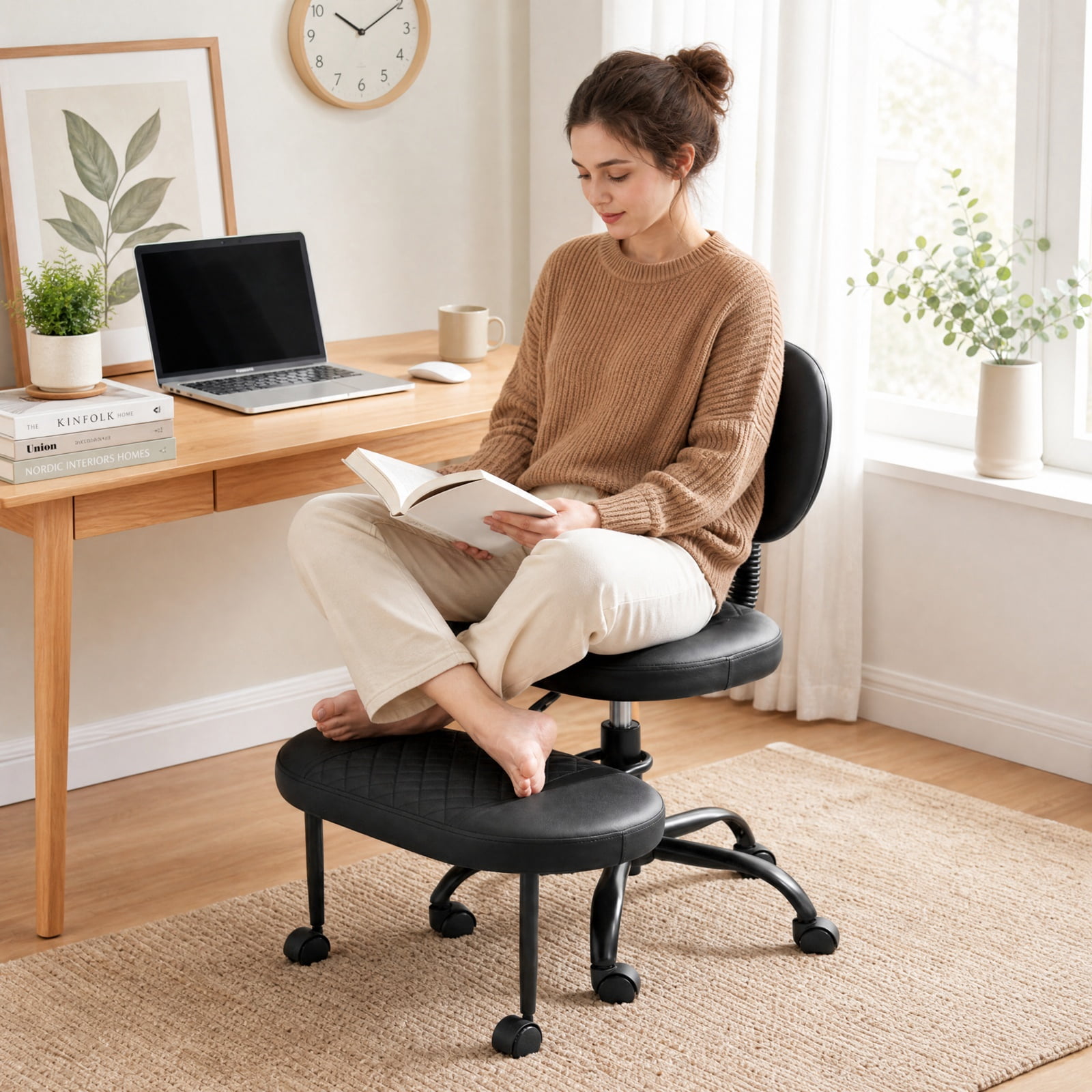 Furnibear Ergonomic Cross Legged Office Chair with Height-Adjustable Seat for Home Office Study Desk Computer Task, Black