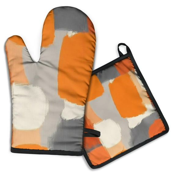Orange and Grey Abstract Art Artwork Kitchen Oven Mitt and Pot Holder Sets 2 Pcs for Baking, Cooking and Grilling, Heat Resistant Up To 392 °F