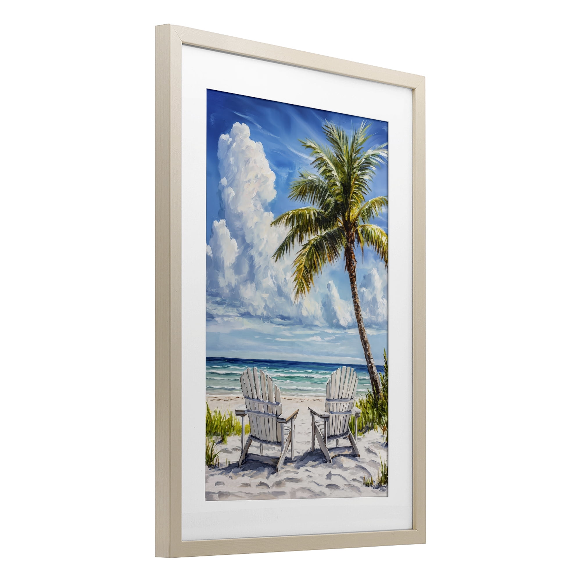 Stupell Industries Clouded Beach with Looming Palm Birch Framed Print Under Glass, design by Petal Prints Design