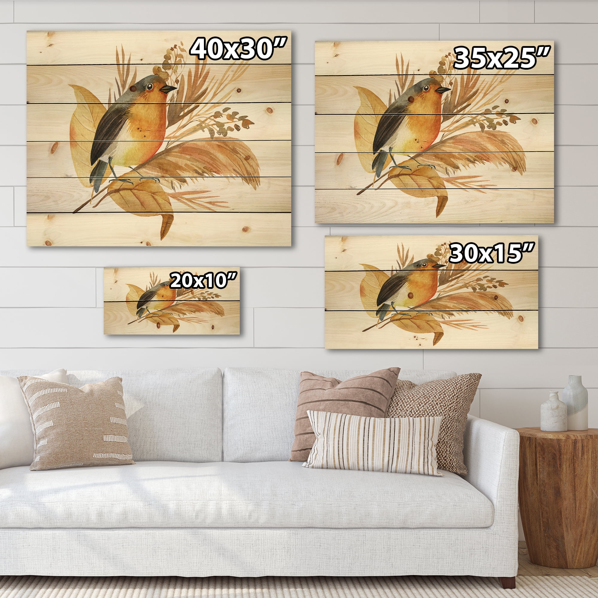 Designart 'Autumn Flowers and Robin Bird' Traditional Print on Natural Pine Wood