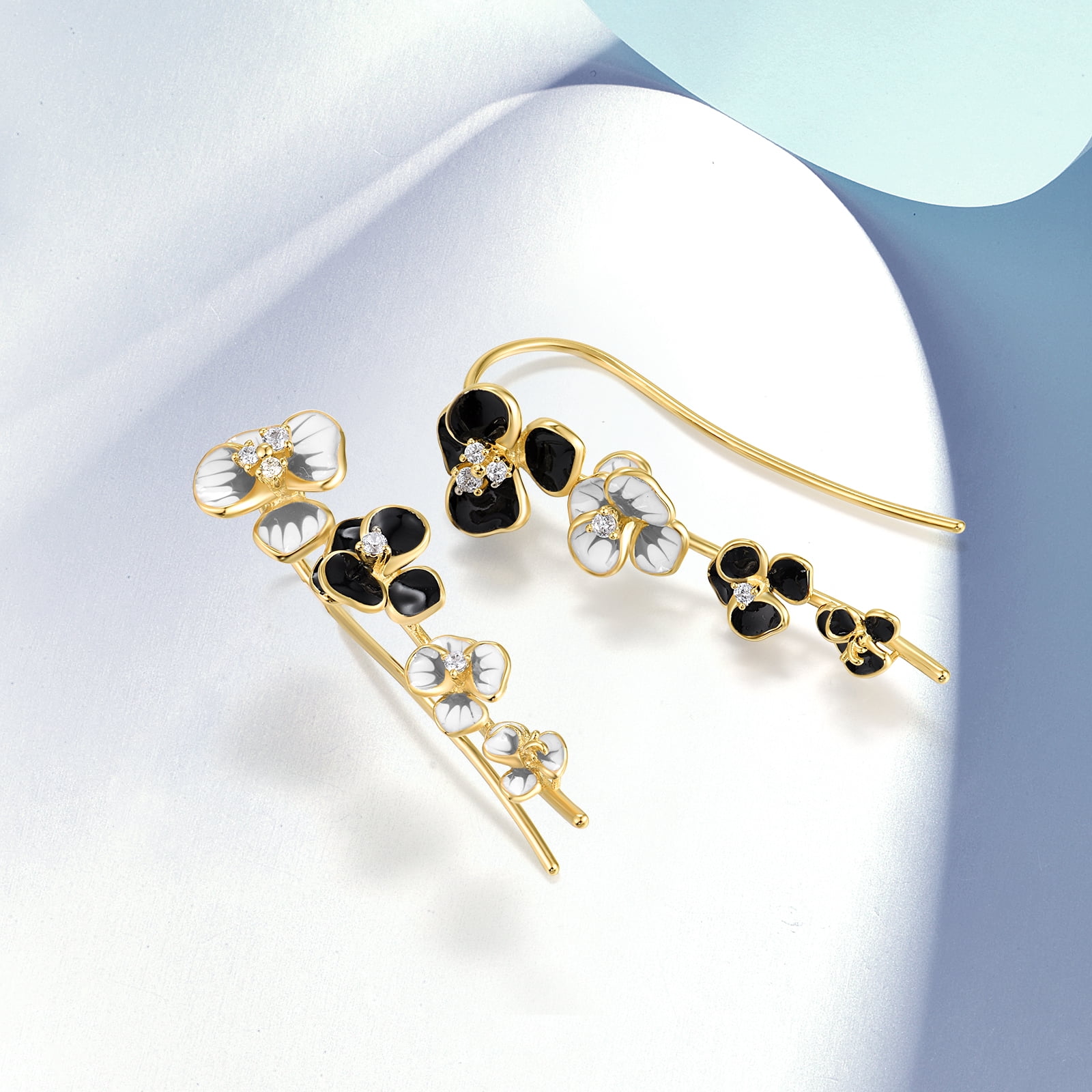 Santuzza Enamel Black & White Flower Ear Climber Earrings Peony Gold Plated Ear Crawler Earrings for Women