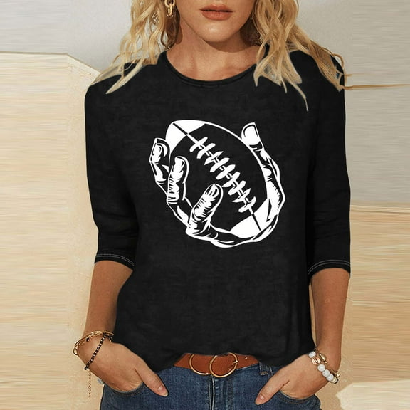 SOOMLON Womens 3/4 Length Sleeve Blouses Plus Size Tunic Game Day Tops Casual Crew Neck Shirts Cute Football Mom Print T Shirts 2025 Trendy Spring Summer Ladies Tops Loose Outfits Pullover Black XL