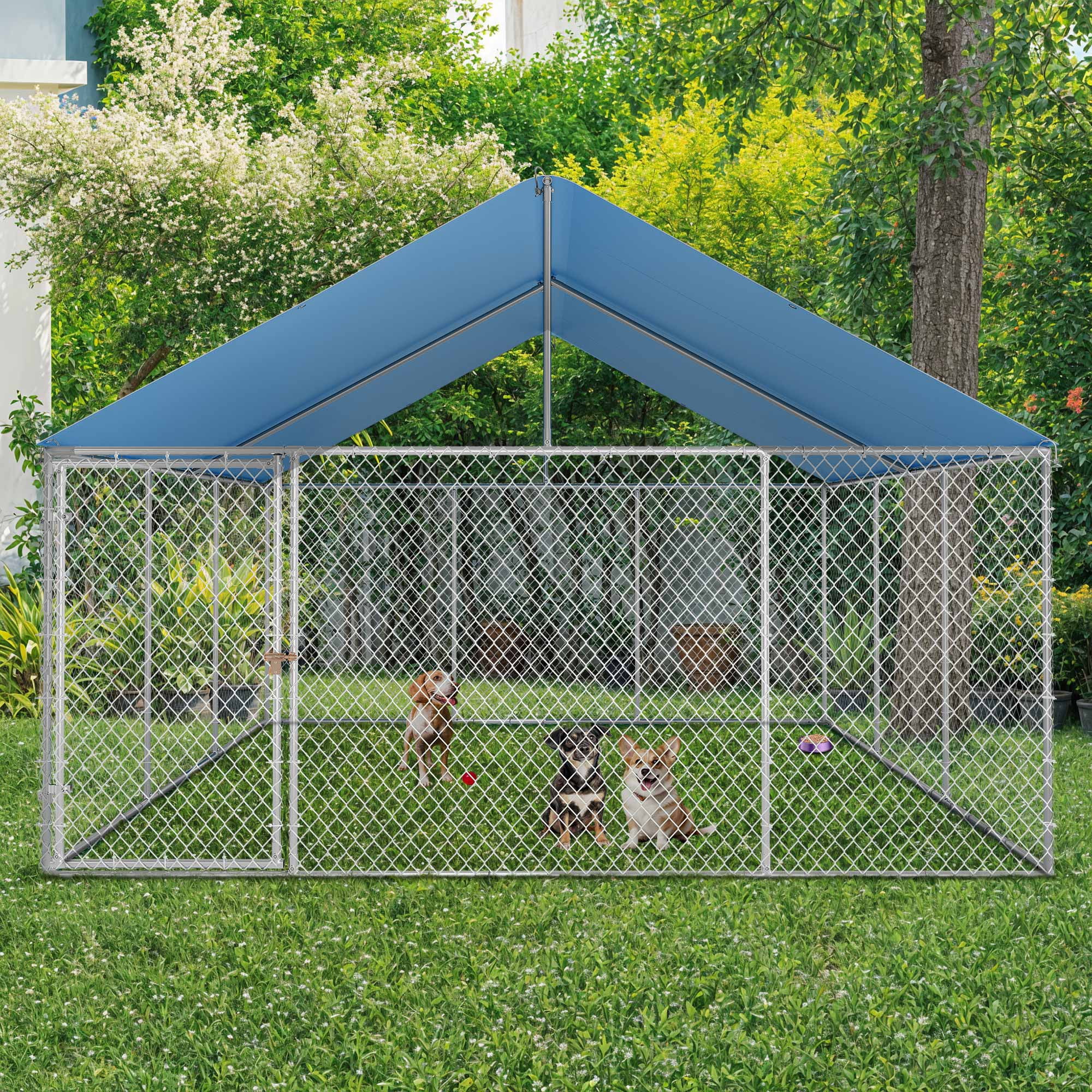 ModFusion 14' Outdoor Dog Kennel with Metal Gate and Roof, Heavy-Duty Galvanized Steel Fence