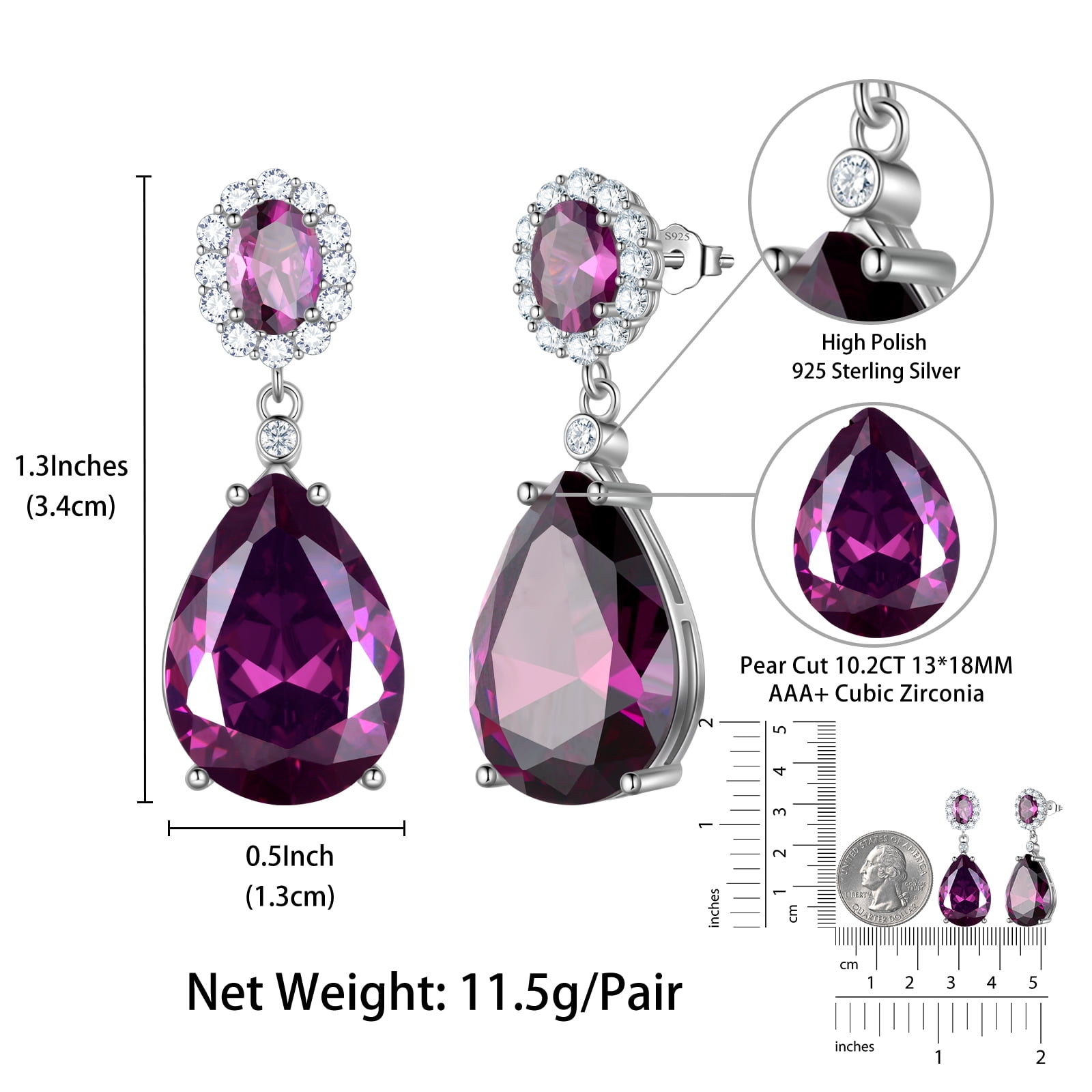 Juwaliy 10Ct Dangling Teardrop Earrings Women February Birthstone Amethyst Purple 925 Sterling Silver Jewelry Birthday Valentine's Day Gift