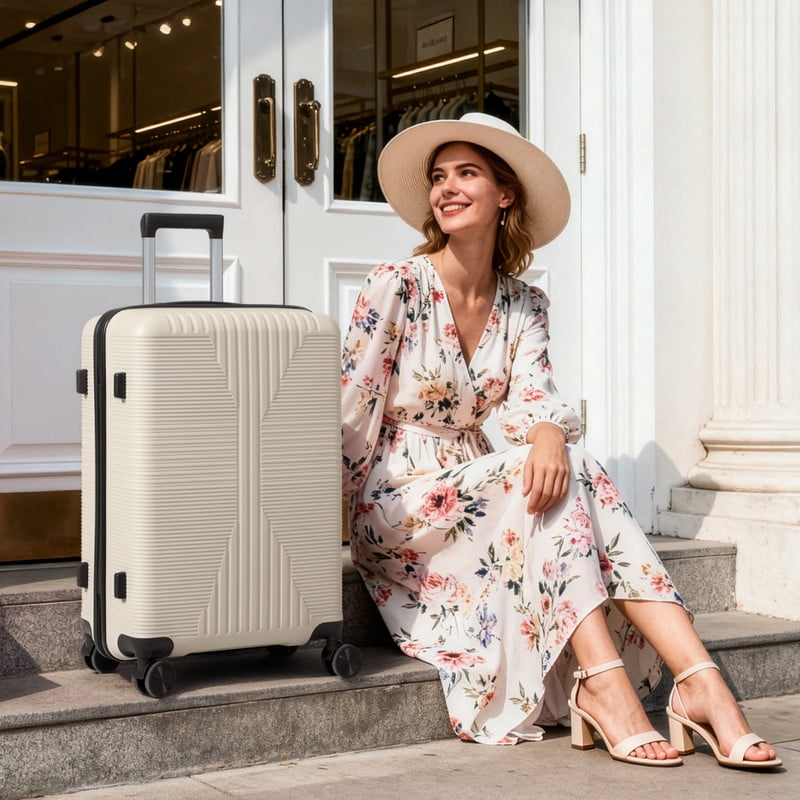 Alikpop 20 Inch Hardside PP Carry-On Luggage, Off-White Lightweight Spinner Suitcase with Non-TSA Lock