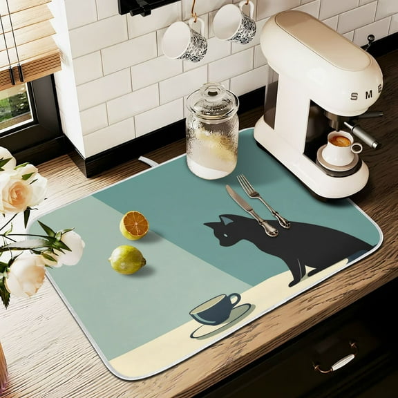 Yayeee Dish Drying Mat for Kitchen Counter 16" x 18" Microfiber Super Absorbent Coffee Decorative Pad, Black Cat