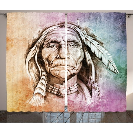 Cheetah Print Bedroom Accessories Native American Decor Curtains 2 Panels Set, Portrait Of Indian Chief With Ethnic Feather Band Watercolor Style Image Art Print, Living Room Bedroom Accessories, By Ambesonne ()