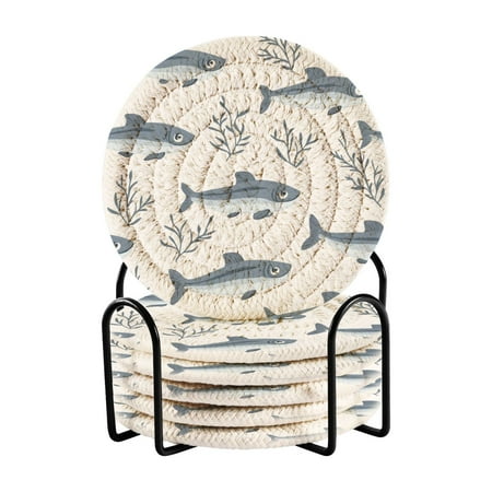 

6-Pack Coiled Coasters Set with Storage Rack Heat-Resistant for Home Office or Gift Blue Sardines and Seaweed (3.94in Diameter)