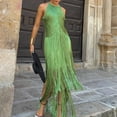 thumbnail image 6 of Sexlip Women Vintage Flapper Dresses 1920s Great Gatsby Halter Fringed Maxi Dress Tassels High Split Formal Dress Green XL, 6 of 9