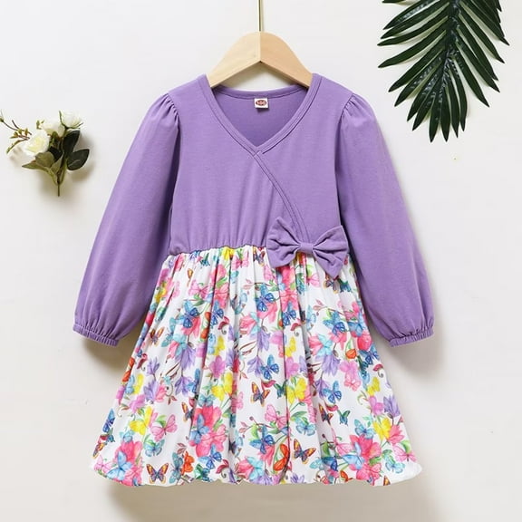 YEEDISON Children's Dress Autumn Winter Dress Cotton Flower Print Bubble Sleeve Bowknot Party Girl Dress for 0-18M