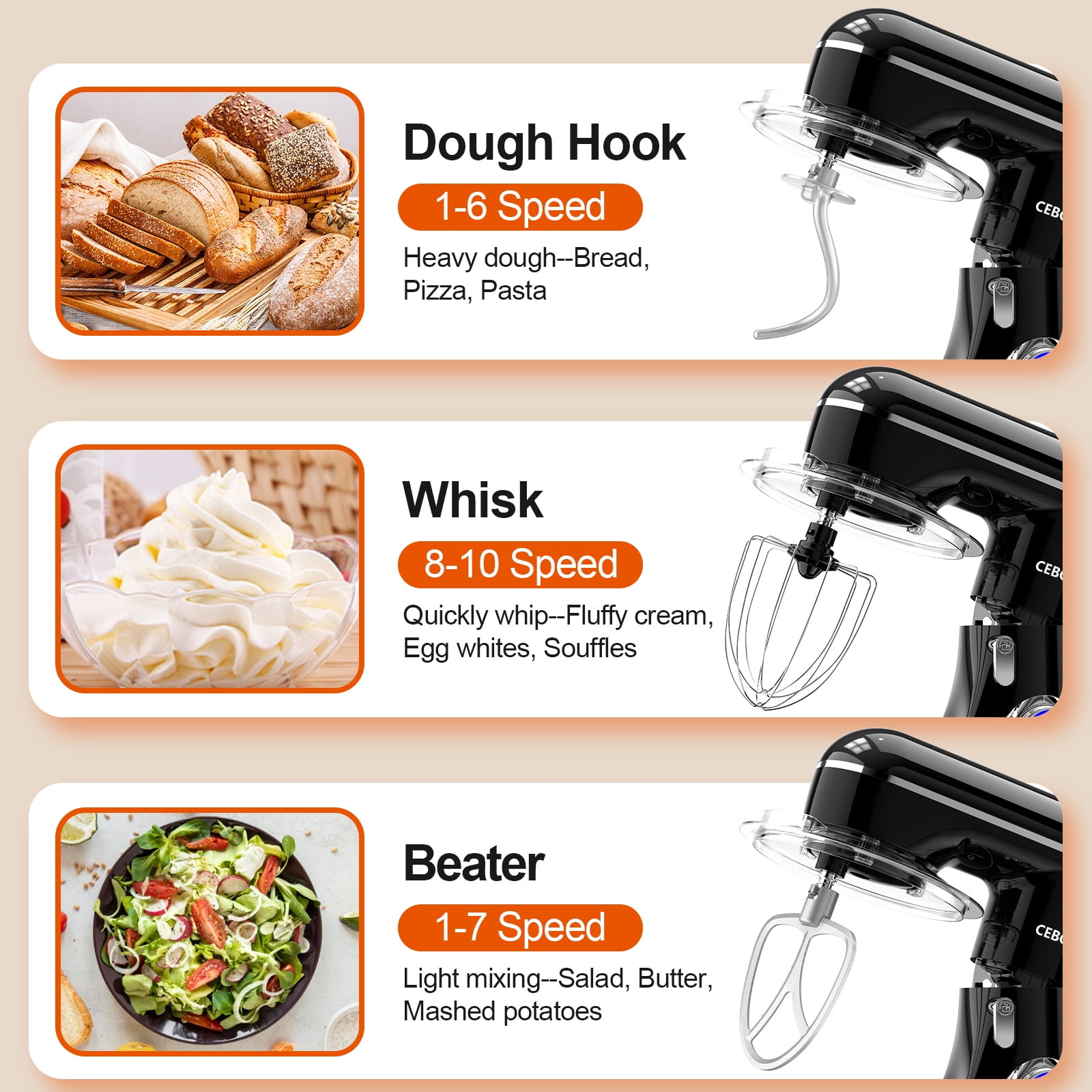 CEBORY 3 IN 1 Stand Mixer 6 QT Tilt Head 10 Speed Food Mixer Kitchen Electric Mixer with Dough Hook Beater Whisk Bowl for Most Home Cooks