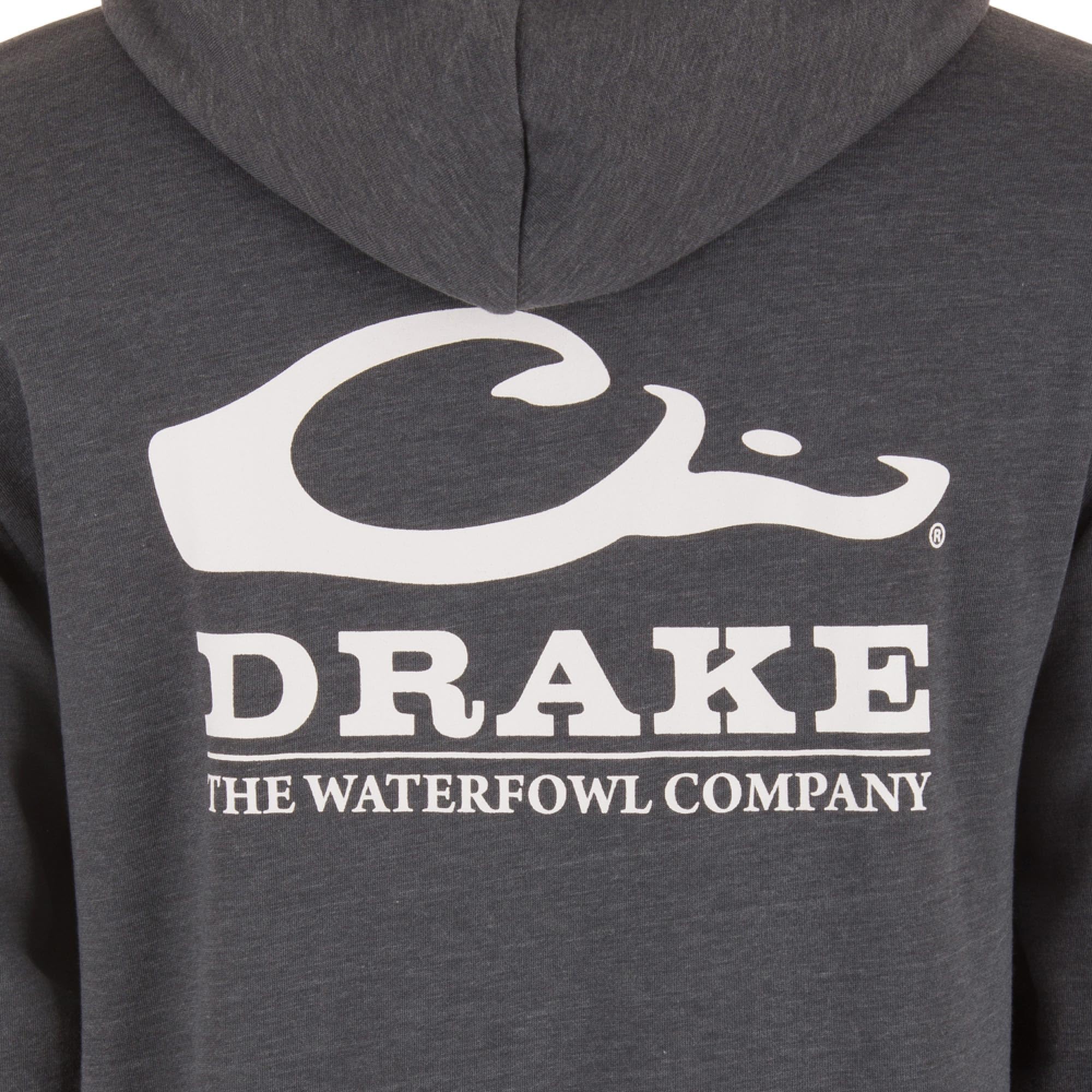 Drake Waterfowl Men's Logo Hoodie ? Midweight Cotton-Poly Fleece Pullover with Jersey-Lined Hood, Charcoal Heather, Small