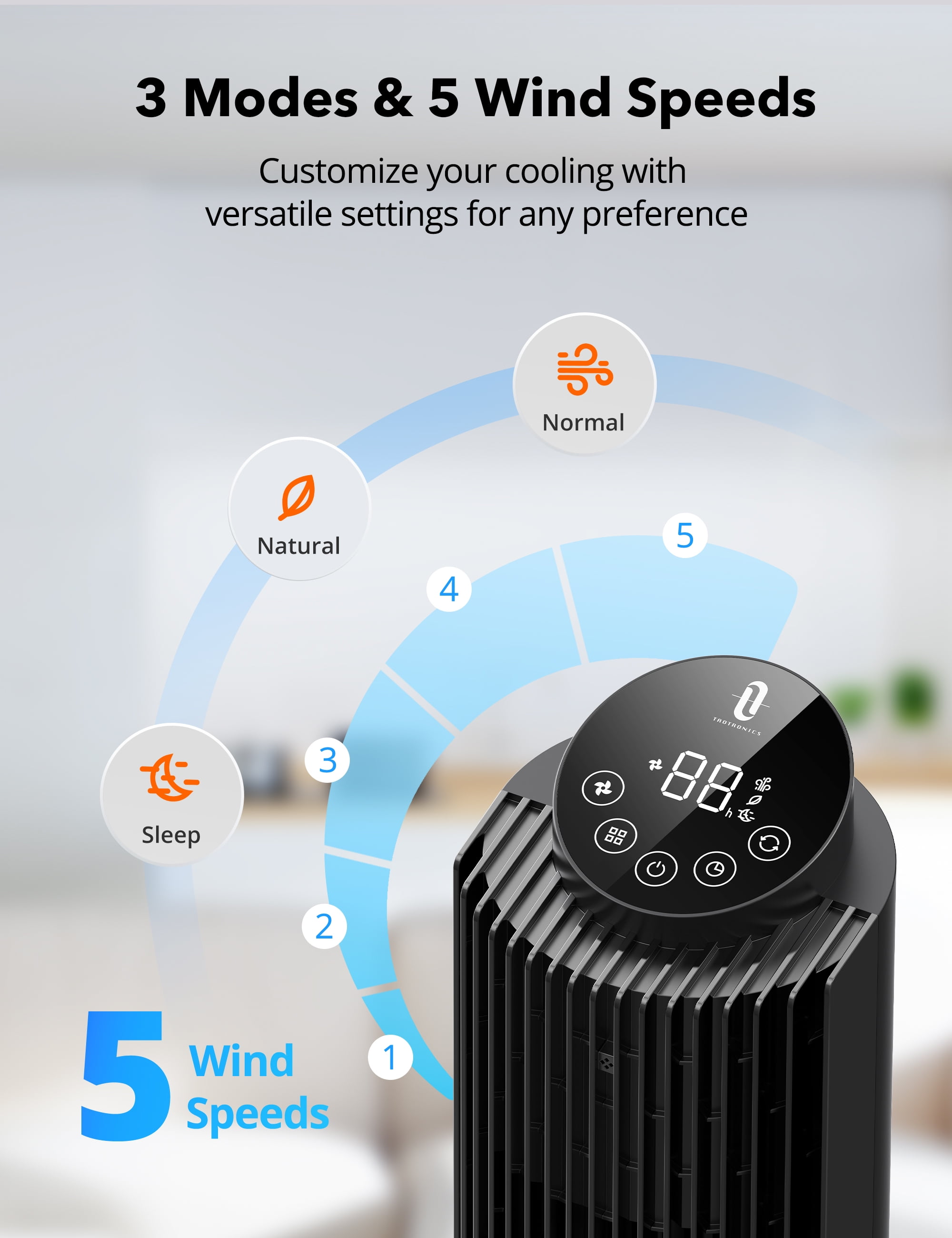 TaoTronics Tower Fan, 42'' 90° Oscillating Quiet Standing Bladeless Fans with Remote, 25 ft/s Velocity, Height Adjustable, 5 Speeds 3 Modes, 12H Timer, Floor Fans for Bedroom, Home, Room