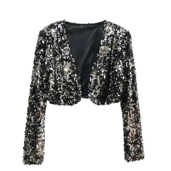 SnZhen Women's Sequin Coat Fashionable Solid Color Slim Fit Long Sleeve Short Jacket for Party & Evening Black L