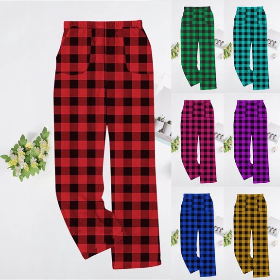 FRSASU Women's Pajamas Pants Plaid Stretch Casual Loose Comfy Home Pants Sleep Bottom Lounge Cute Sleepwear Pants Yellow