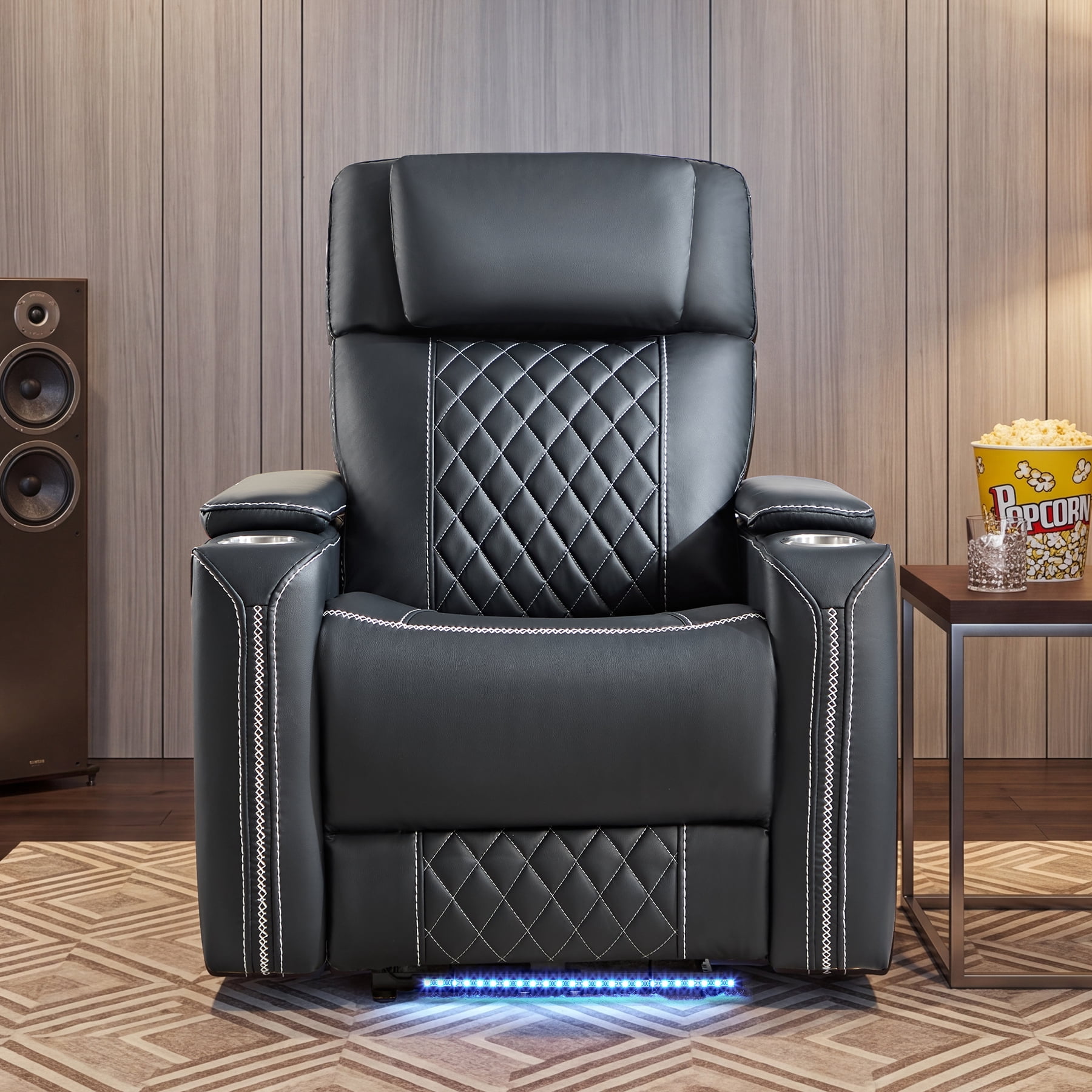 Ebello Dual Motor Power Recliner Chair with Adjustable Headrest, Faux Leather Electric Reclining Chair with LED Light Strip, USB Port, Cup Holders & Hidden Storage for Home Theater, Black