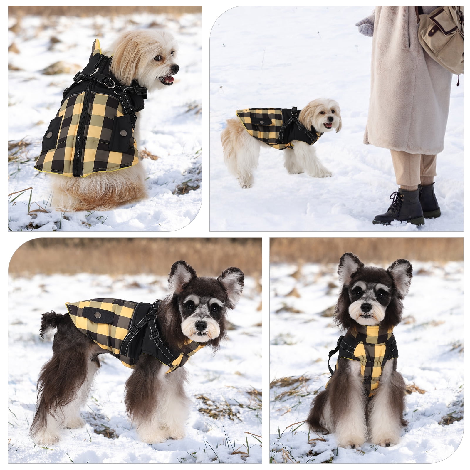 Classic Plaid Warm Dog Coat with Harness, Reflective Stripes Winter Coat for Cold Weather, Windproof Dog Winter Clothes Yellow S