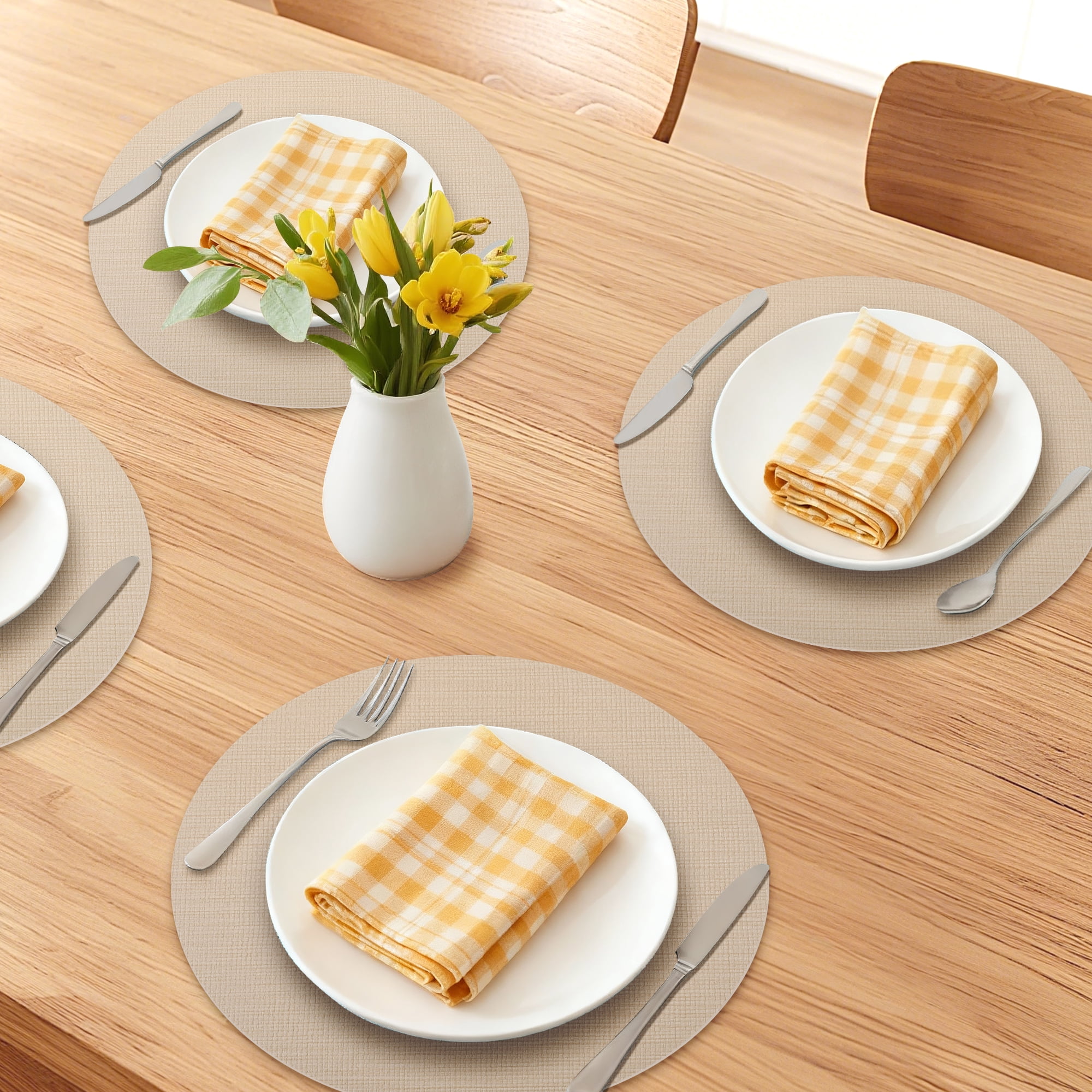 Unique Bargains 6pcs Faux Leather Wipeable Placemats Apricot White 13"x13"