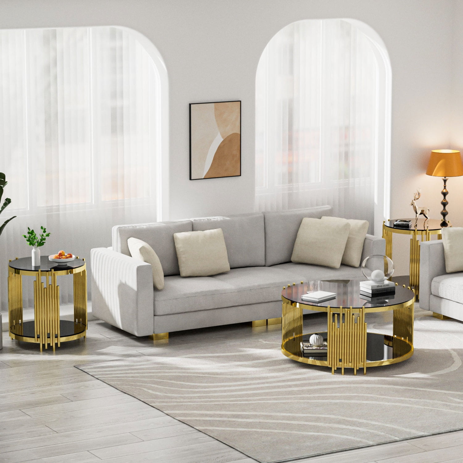 Round Coffee Tables Set of 3, Holaki 35.4" Modern Tempered Glass Coffee Table & 2 End Table with Stainless Steel Irregular Legs, Round Glass Table Set for Living Room