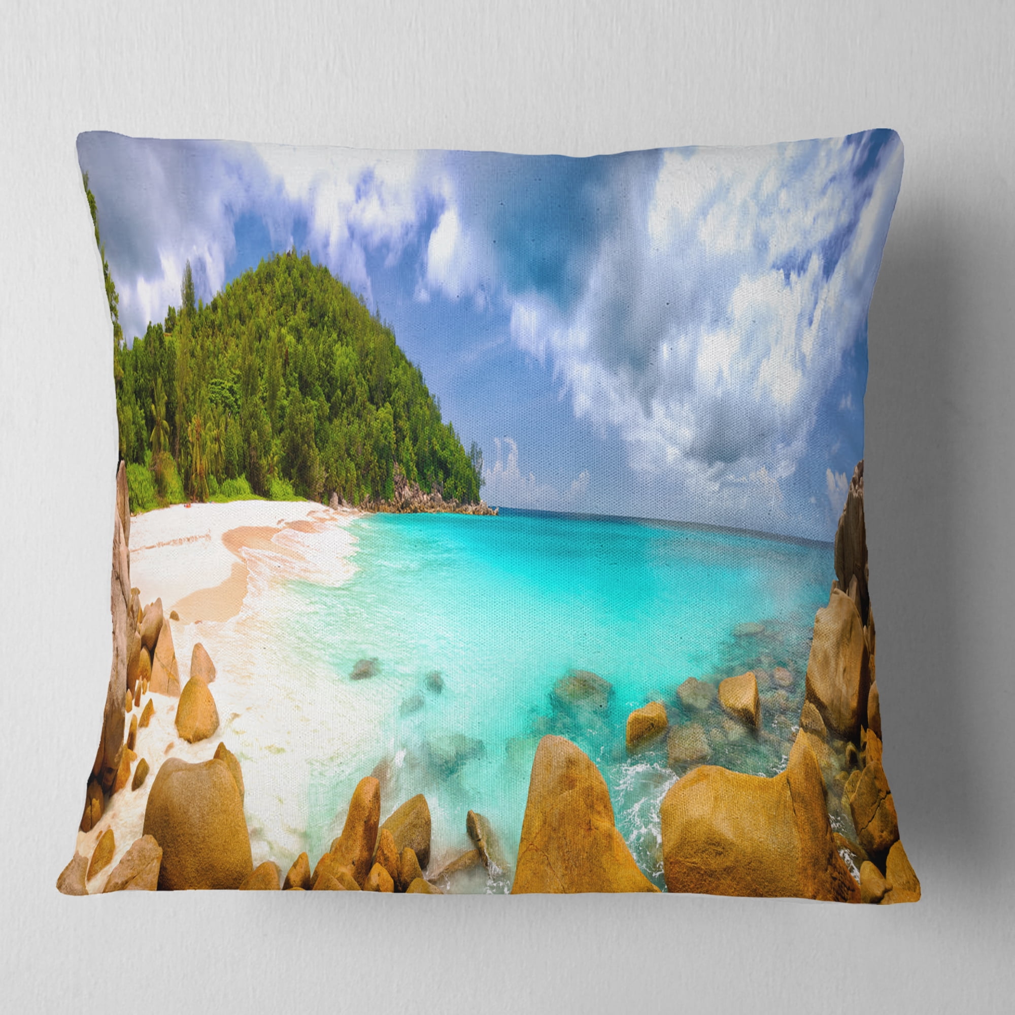 Designart Seychelles Beach Panorama - Seascape Photography Throw Pillow - 16x16