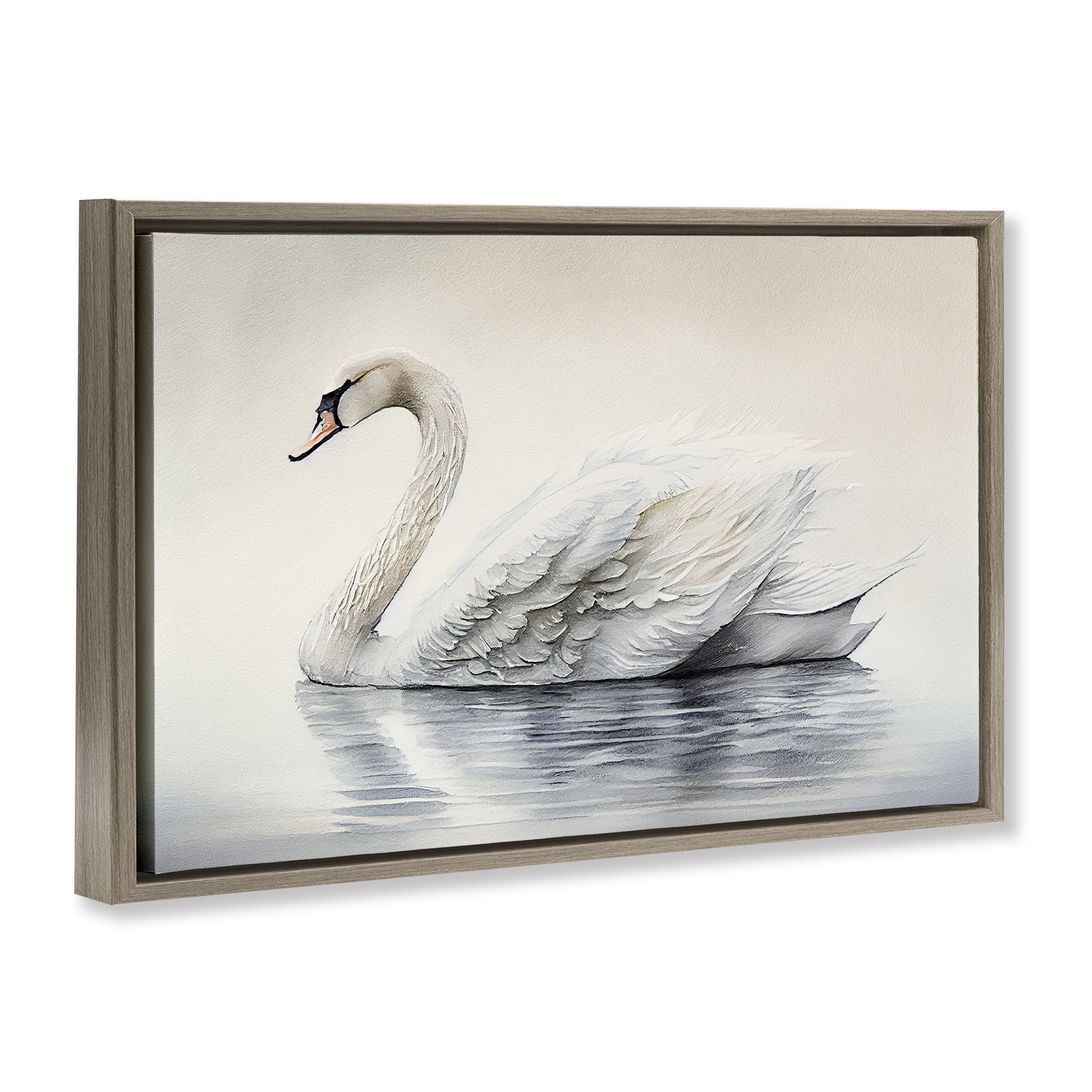 Elegant Floating Swan Brown Framed Floater Canvas Wall Art, design by Sasha