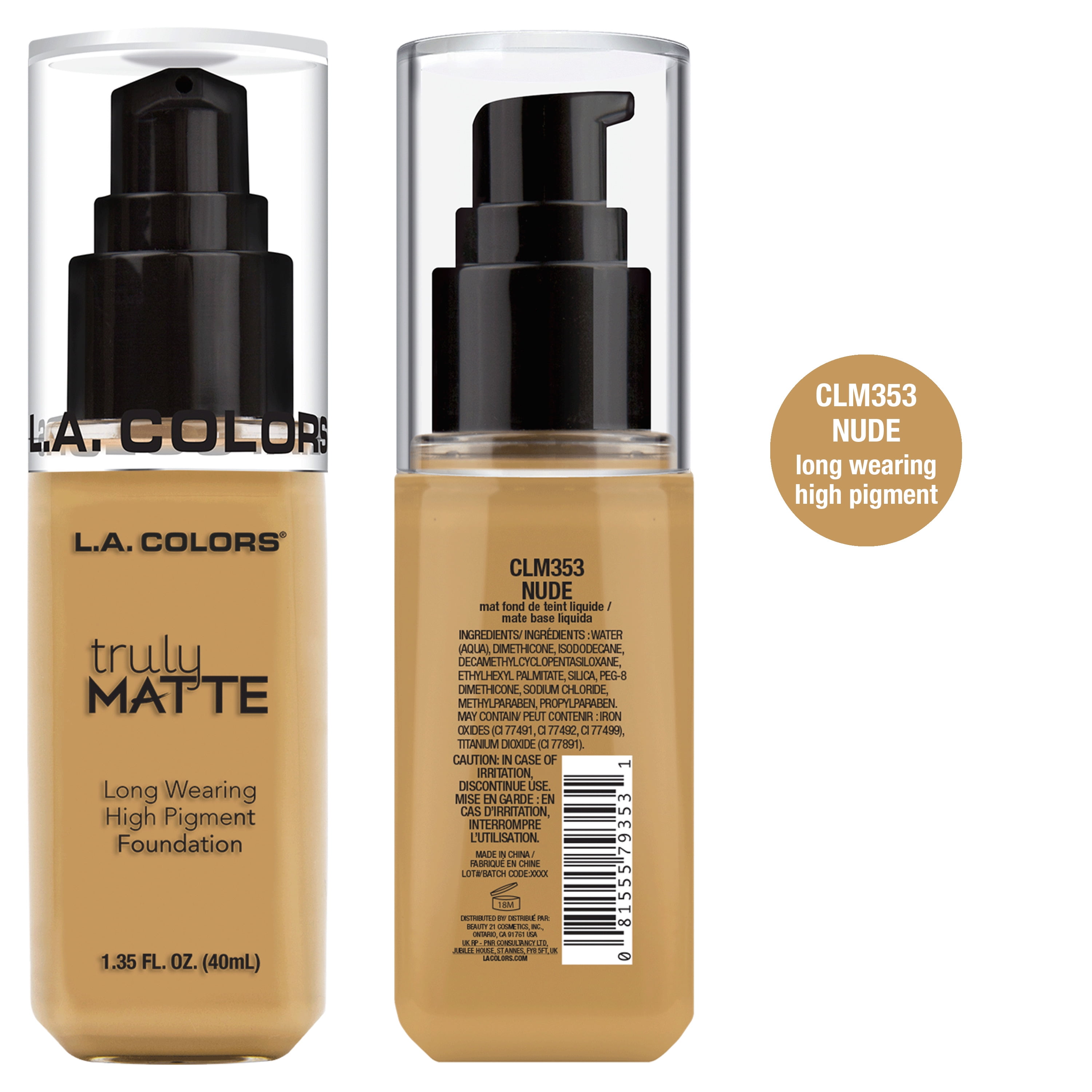 L.A. COLORS Liquid Truly Matte Foundation, Nude, 1.35 fl oz