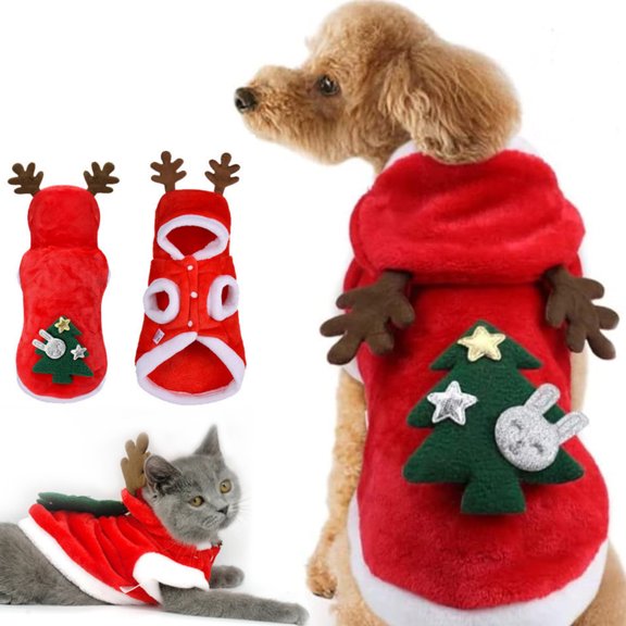 Dog Christmas Outfit, Dog Christmas Hoodie Vest Dog Santa Costume with Elk Antlers, Christmas Clothes for Small Medium Dogs Cats Pets