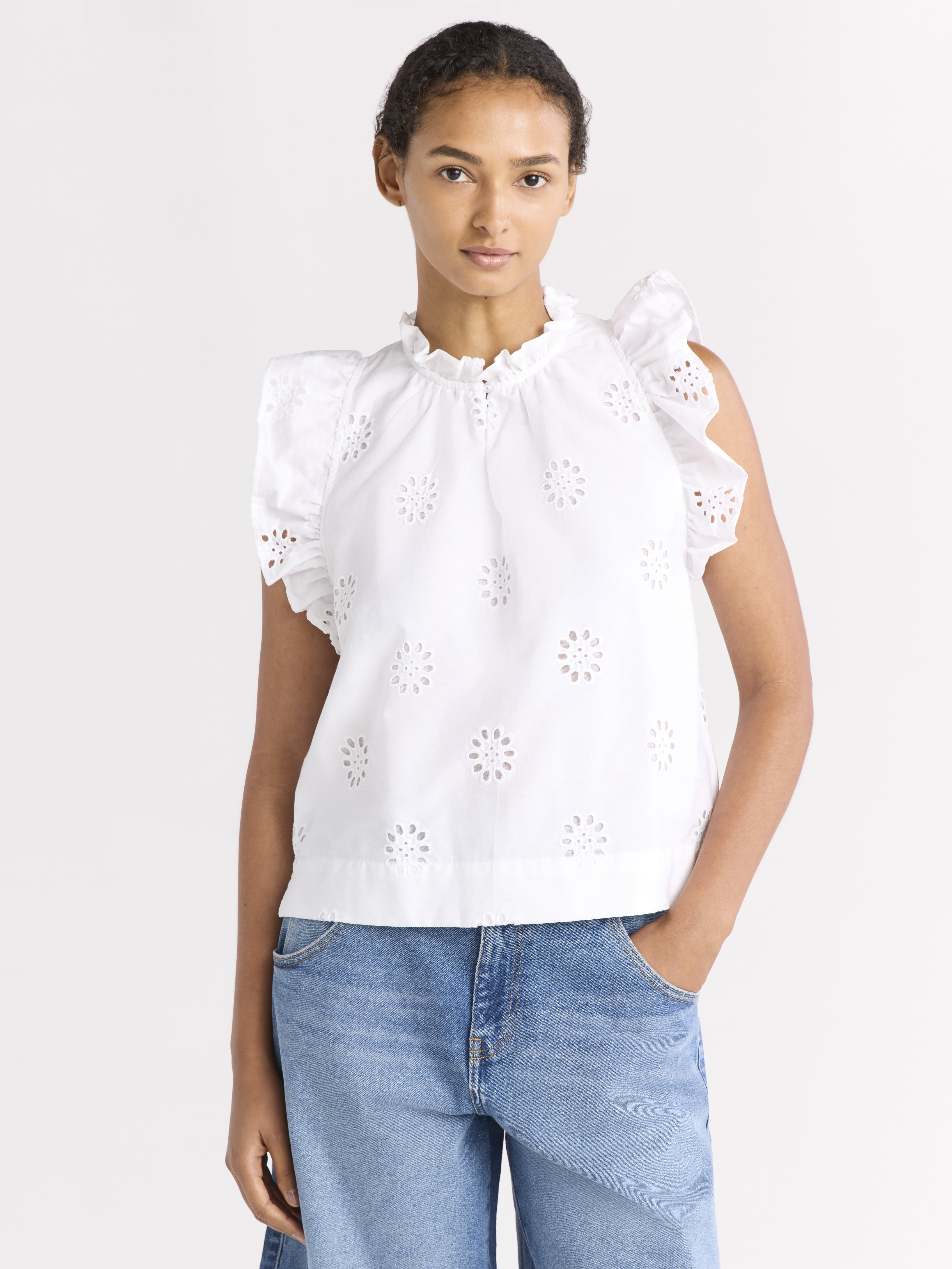 Free Assembly Women's Eyelet Cotton Top with Flutter Sleeves