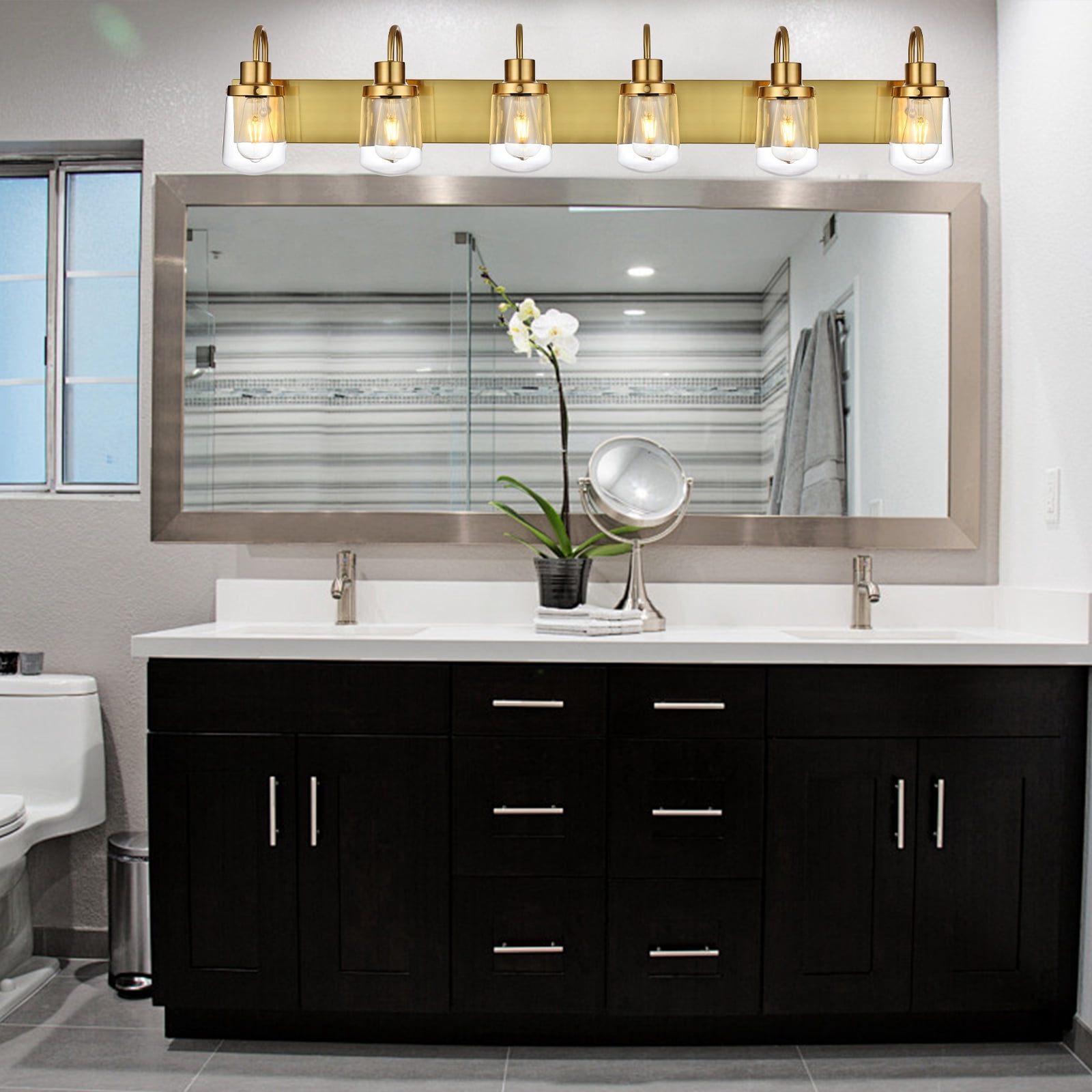 Melucee Bathroom Vanity Light Fixtures in Painted Gold, 6-Light Farmhouse Vanity Light with Clear Glass Shades, Bathroom Lighting Fixtures Over Mirror, Vanity Light Fixture Indoor