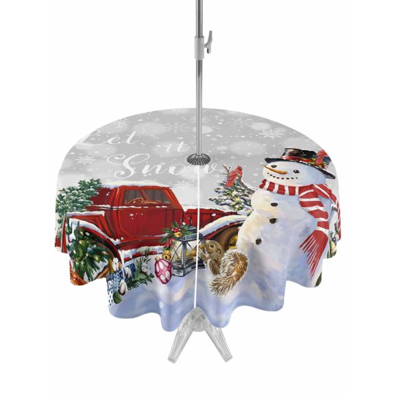 Outdoor Tablecloth with Umbrella Hole and Zipper, Grey Snowman Christmas Round Table Cloth 54 Inch Waterproof Tablecloth, Snowflake Red Truck Xmas Tree Gifts Picnic Table Cover for Patio Camping