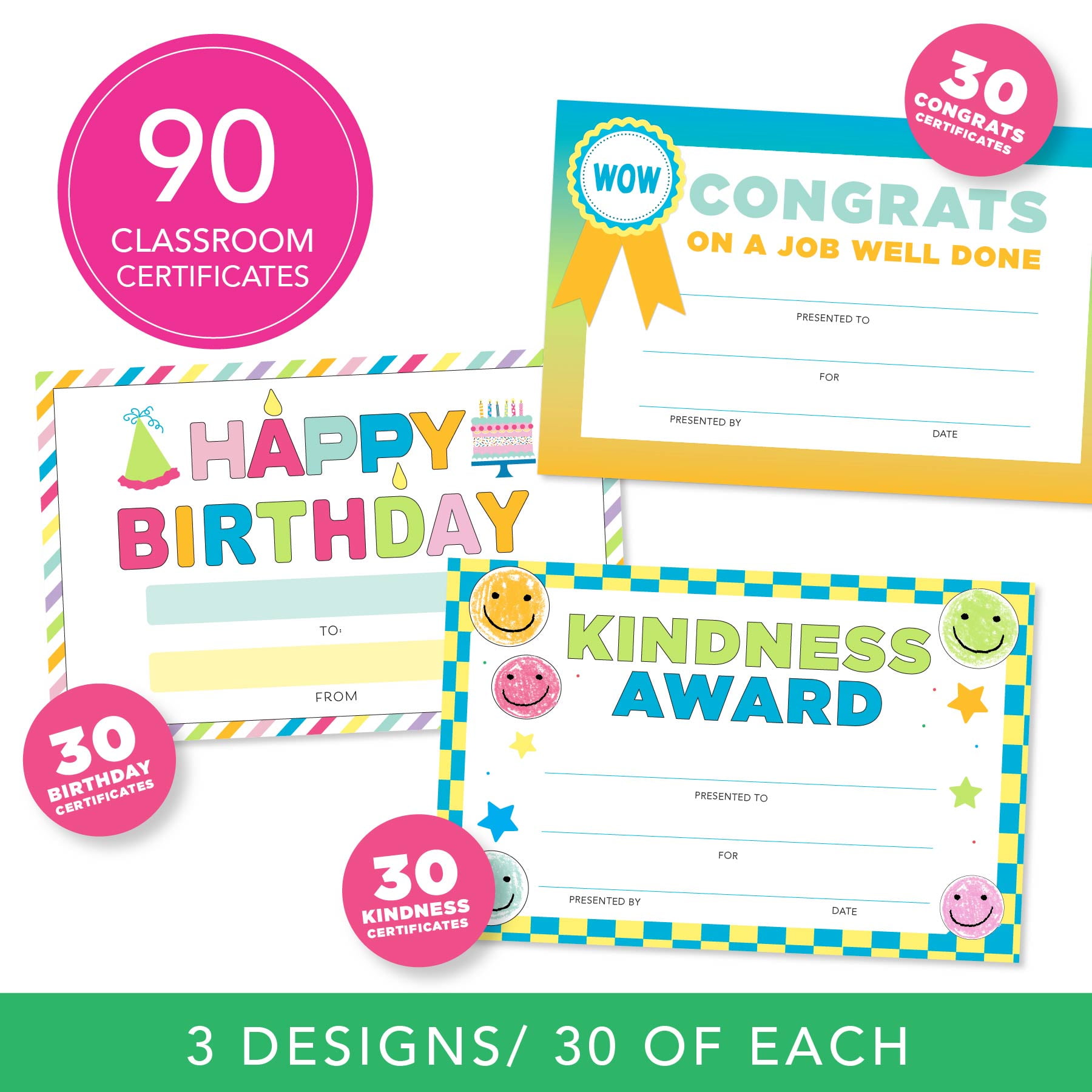 (6 pack) Congrats and Kindness Classroom Awards, Star and Smiley Birthday, 8.5” x 5.5”, 90 Count